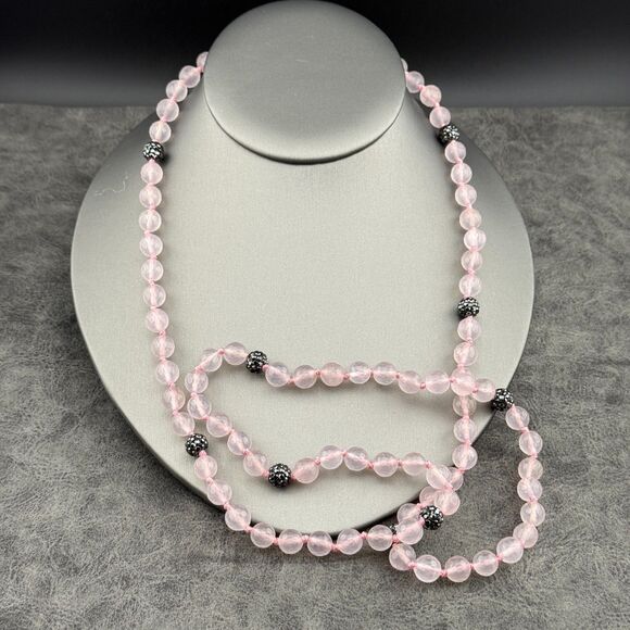 Faceted Rose Quartz Beaded Natural Stone Necklace 19" Soft Pink Black Elegant - Picture 3 of 10